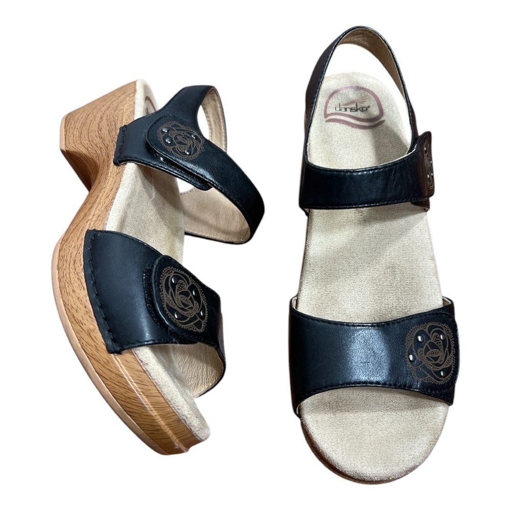 Dansko Sonnet Sz 39 Leather Sandal Wood Block Platform Black